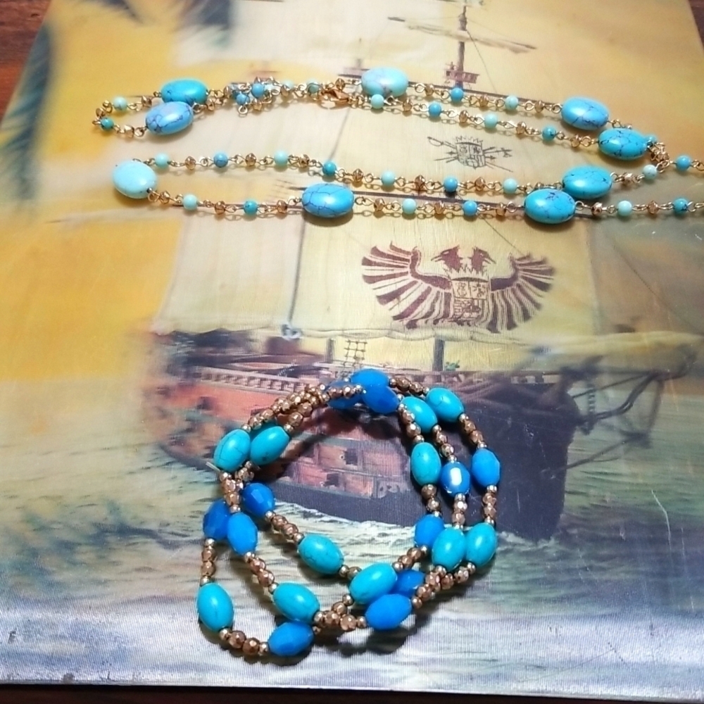 Two pieces of faux turquoise necklace and bracelet. Necklace is about 34" long